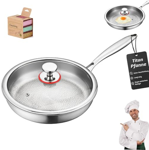 Generisch Padella in titanio con coperchio, 26/28/30 cm, non rivestita, antiaderente, durevole, resistente al calore, antigraffio (con coperchio, 20,5 x 13 x 4 cm)