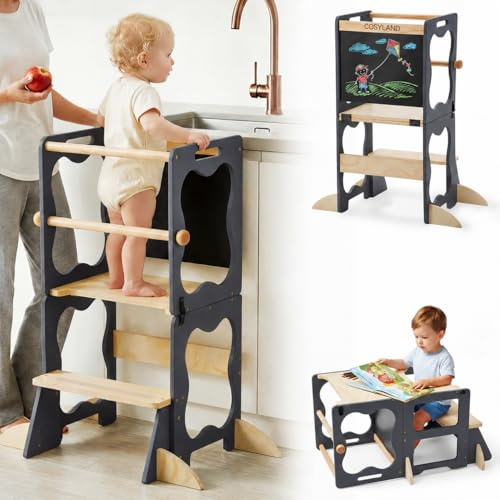 COSYLAND 3-in-1 Toddler Standing Tower with Anti-Drop Safety Rail | Convertible Kids Kitchen Stool Helper Multi-Use Learning Helper Tower for Kitchen Counter, with Blackboard (Black & Natural)