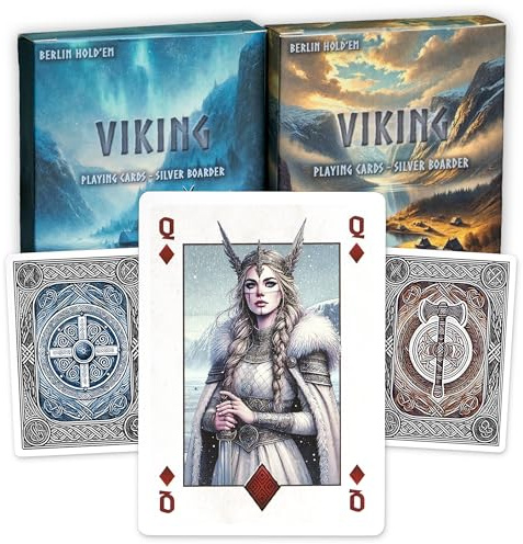 Berlin Hold'Em Viking Spielkarten - Pokerkarten Doppelpack, Silberschnitt | 2 Designs, 2 Rückseiten, 6 Joker, 2 Spezialkarten, 310 GSM Black-Core Papier, Linen Finish