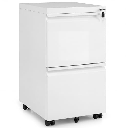 COSTWAY Rollcontainer abschließbar aus Metall, Aktenschrank unter Schreibtisch, Bürocontainer mit 2 Schubladen & Hängeregistratur für Dokumente, Metallschrank mit 5 Rädern, 44 x 37 x 67 cm (Weiß)