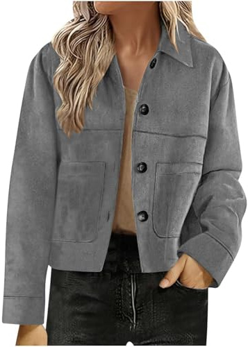 Slxbear Women'S Suede Jacket Lapel Collar Long Sleeve Button Down Blazer Jacket with Pockets Solid Color Short Coat Casual Loose Elegant Coats Y2K Fall Outerwear Streetwear Going Out