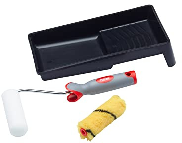 ProDec 4 piece Emulsion and Gloss 4 inch Mini Paint Rollers, Soft Grip Frame and Tray Set for a Smooth Finish with Emulsion, Gloss and Satin Paints on Interior Walls, Ceilings, Wood and Metal, 4