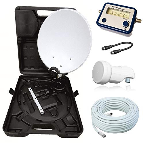 netshop 25 HD Camping Sat Anlage im Koffer 35cm Schüssel mit Opticum Single LNB 0,1dB und 10m Anschlusskabel sowie einem SAT Finder. Einsatz mobil für SD und HD Empfang per Satellit.