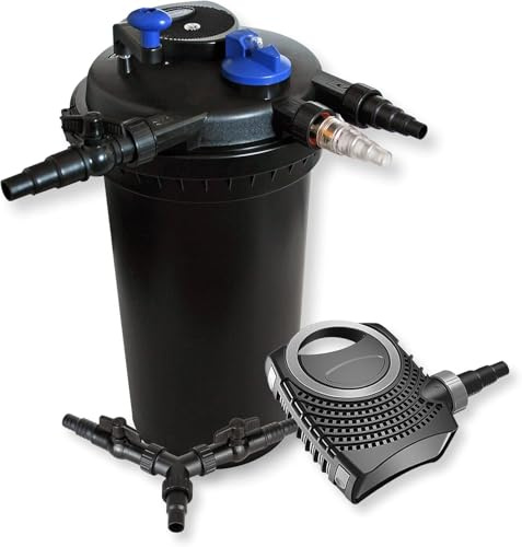SunSun Komplettset: CPF-15000 Teichdruckfilter bis 30000 L mit 18 Watt UV-C Teichklärer, NEO10000 SuperECO Teichpumpe 10000l/h 80W, Y-Verteiler