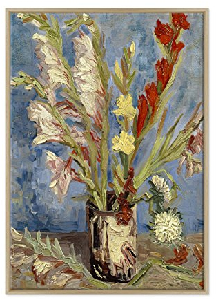 Bild auf Leinwand, gerahmt, mit Rahmen, Van Gogh, Vase mit Gladiolen und China Astern, Vase mit Gladiolen und chinesischen Astern – 70 x 100 cm, moderner Stil, Naturholz – (Code 2712)
