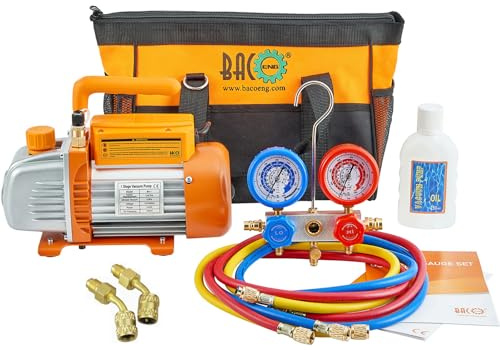 BACOENG Juego de bomba de vacío de 3.6 CFM y manómetro de colector – Kit de refrigeración para el hogar Mini Split/HVAC A/C – Diagnóstico R12 R22 R410A – con funda y adaptadores Mini Split R410a