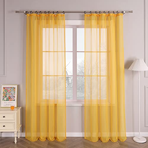 HongYa 1er-Pack Uni Gardine Transparenter Voile Schal Vorhang mit Kräuselband H/B 270/145 cm Sonnengelb