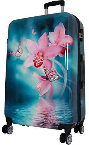 Trendyshop365 Hardcase Reisekoffer - Blumen-Motiv Orchidee - 77 Zentimeter 94 Liter 4 Räder Zahlenschloss bunt
