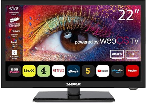 Sniper 22″ SMART LED Camping TV – webOS – Bluetooth 5.0, Wifi, Freeview Tuner, Satellite Tuner, Streaming & Catchup, 3 x HDMI, 2 x USB, Multimedia player, HD