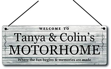 Personalised Motorhome Sign, Aluminium Hanging Plaque, 20 x 7.5 cm | Custom name or wording, waxed cotton string, campervan gift for motorhome owners, couples, families and touring holidays