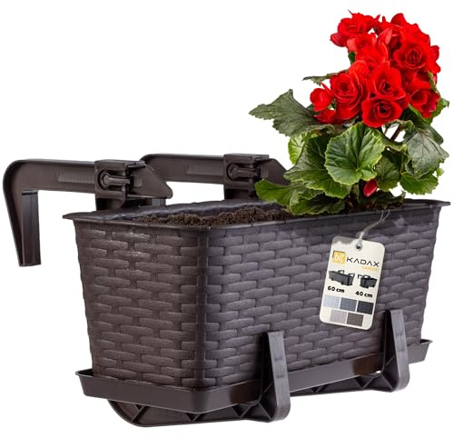 KADAX Hängande ytterkruka 40 cm, balkonglåda i plast med rottingutseende med integrerade monteringsfästen och fat (brun)