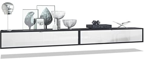 Vladon 2er-Set TV Board Lana 140, Made in Germany, Lowboards je 140 x 29 x 37 cm mit viel Stauraum, Korpus in Schwarz matt, Fronten in Weiß Hochglanz | Große Farbauswahl
