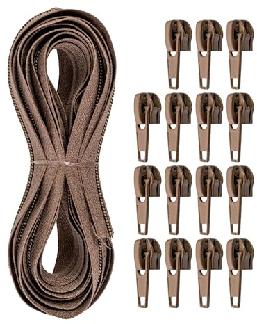 Endlos Reißverschluss, 330 cm Gesamtlänge, Größe #5, Dunkelbraun, nicht teilbar, Breite 32 mm, Zahnbreite 6,5 mm, Set mit 15 x Metall RV Schieber Laschen, Reissverschluss Spirale mit Anhängern DIY Kit