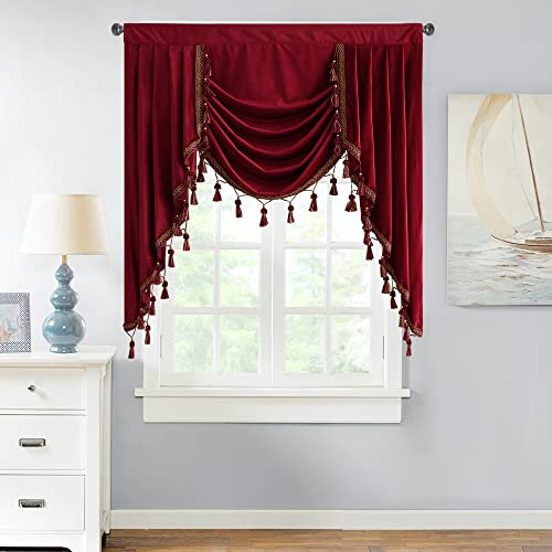 StangH Christmas Red Velvet Curtain Valances - Luxury Blackout Waterfall Valance Decor for Theater Rod Pocket Room Darkening Window Drapes for Bedroom/Bathroom, W39 inches, 1 Panel