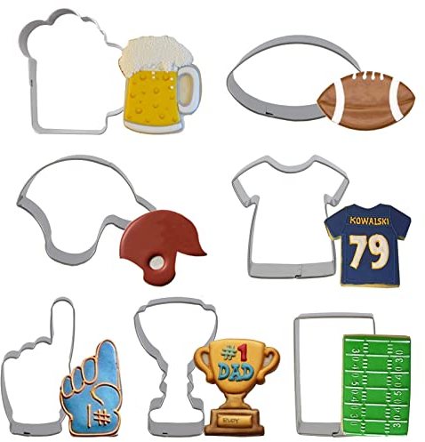 Juego de cortadores de galletas de fútbol de acero inoxidable con jersey, casco, fútbol, mano de abanico, copa de trofeo, moldes de pasta con temática deportiva internacional