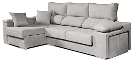 ECCOX - Sofá Chaise Longue Rubí 3 Plazas - Asientos Deslizantes, Cabeceros Reclinables y Arcón de Almacenaje - Cojines y Pufs Incluidos - Chaiselonge Izquierda Tapizado Tela Antimanchas - Color Gris