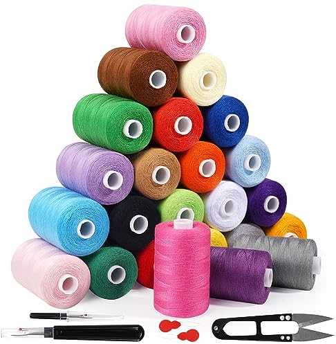 JUNING Nähgarn-Set, 24 Farben, Polyestergarn, 914 m pro Spule, mit Nähzubehör, Stickmaschinengarn-Set für Handnähen, Quilten und Nähmaschinen