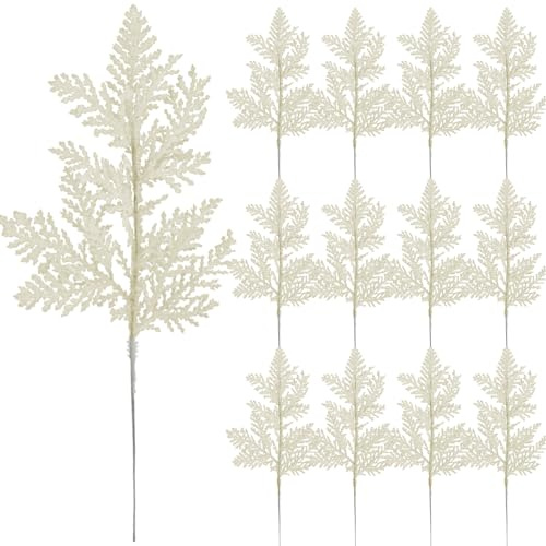 12 Stück künstliche Weihnachts-Glitzerblätter, Weihnachts-Glitzer-Tannennadeln, Zweige, Spray, Glitzer, mattierte Zweige für DIY-Zubehör, Weihnachtsblumendekorationen, Kranzgirlande (weiß)
