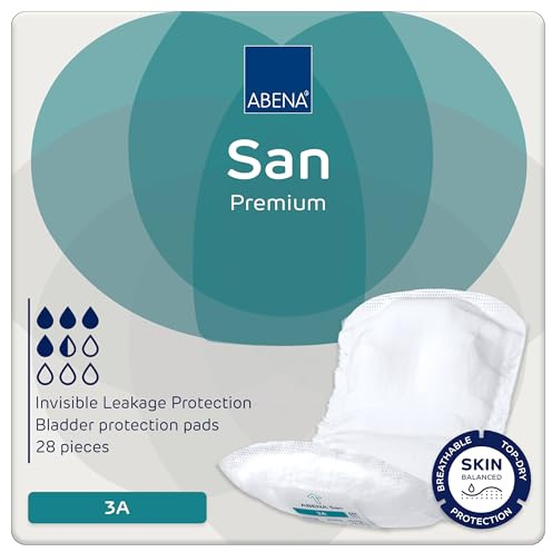 Abena San Premium inkontinensdynor för män och kvinnor, andas och bekväma, snabb absorption, diskreta och effektiva formade inkontinensdynor för män/kvinnor – premium 3A, 650 ml absorptionsförmåga, 28
