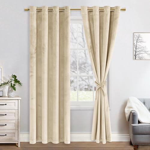 JIUZHEN Verdunklungsvorhang Samt Vorhang Blickdichte Thermovorhänge | 2er Set Grün Samtvorhang mit Ösen Vorhänge Deko Schlafzimmer Wohnzimmer,140x215cm (BxH),Beige