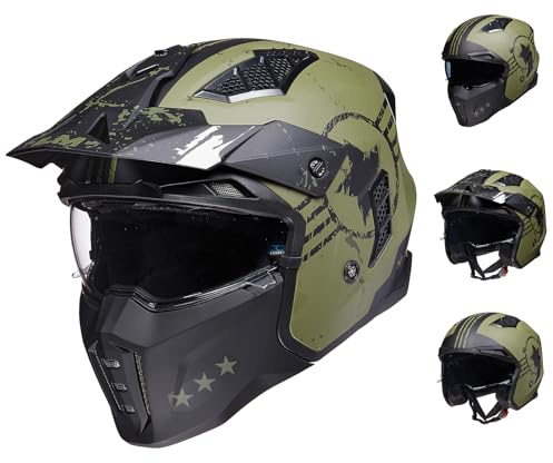 ILM Helm Motorrad Motocross Herren Damen Vintage Retro mit Visier ECE Model Z302,Armee Grün, XL