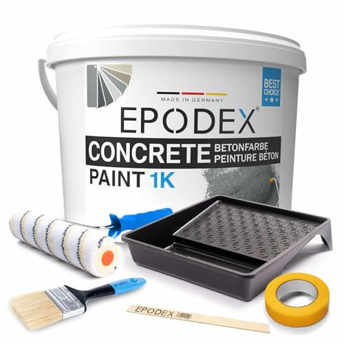 EPODEX Vernice per calcestruzzo 1K CON ACCESSORI | Pareti e Pavimenti | Alta Copertura, Resistente ai Raggi UV e all’Abrasione | Uso Interno/Esterno Senza Acqua Permanente | 3.3kg (23m² per 2 mani)