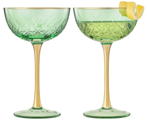 Vintage Art Deco Coupe for Champagne, Martini, Cocktails | Set of 2 | 7 oz Classic Cocktail Glassware - Manhattan, Cosmopolitan, Sidecar, Crystal Speakeasy Style Saucer Goblets with Stems (Green)