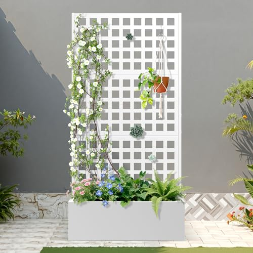 FENCY Metall-Pflanzkasten mit Rankgitter, Rankgitter-Pflanzgefäß für Kletterpflanzen, Blumen, 88,9 cm L x 40,6 cm B x 180,9 cm H, Metall-Gartenbeet mit Drainagelöchern (weiß)