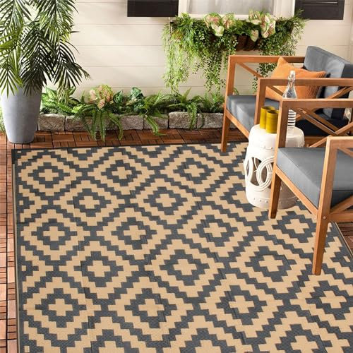 Enipate Geometric Outdoor Rugs for Patios Clearance, 152x 244cm(5x8ft) Reversible & Easy Cleaning Patio Decking Rug, Portable Comfortable Woven Garden Carpet
