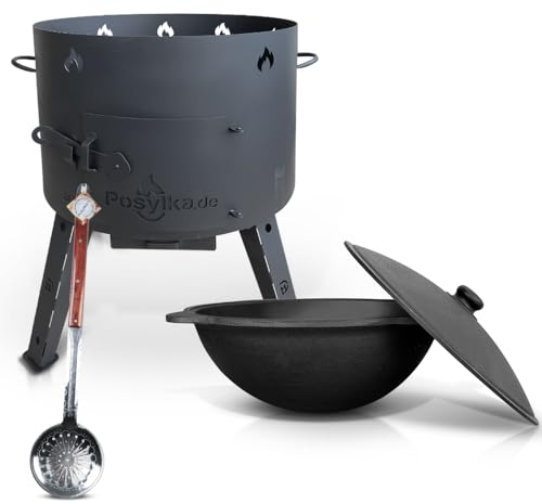 Utschak Feuerofen mit Gusseisen Topf runder Boden mit Deckel (22 L) Kazan KazanoFF, Учаг, Outdoor, Feuerschale, Camping, Kasan, Gulaschkanone Dutch Oven (Set 2)