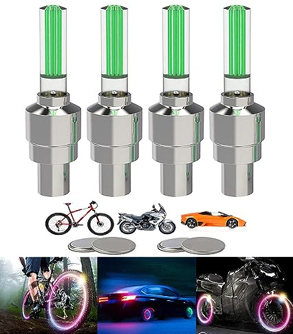 YUERWOVER 4 Pack LED Bike Wheel Stick Light Car Tire Valve Stem Cap Bicycle Motor Tyre Flash Light Reflector Accessories for Kids Men Women with 10 Extra Batteries(Green)