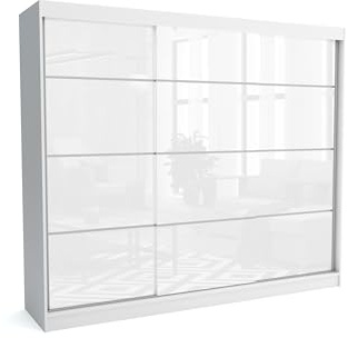 Brent - Kleiderschrank Schiebetüren July, 250cm Breit, Schlafzimmerschrank mit 1 Kleiderstange und Einlegeböden für Kleidung, Kleiderschrank Weiß Matt/Weiß Hochglanz