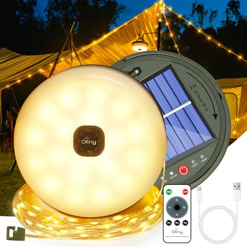 Ollny Solar Camping Lichterkette Aufrollbar 10M Tragbare Wiederaufladbare | 3-in-1 LED Lichterkette mit 8 Beleuchtungsmodi, Wasserdichte Campinglampe für Zelt Camping Hof Dekoration