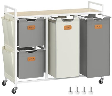 VASAGLE Wäschekorb 4 Fächer, Wäschesammler 150 L, Wäschesortierer, Rollen, Wäschewagen mit Ablage, Wäschesack, kleine seitliche Taschen, 6 Etiketten, naturbeige-taubengrau-cremeweiß BLH203G01