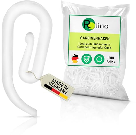 Rollina Gardinenhaken (100 Stück) | Haken zum Einhängen in Gardinenringe, Gardinenband, Kräuselband, Vorhangringe | Vorhang Haken weiß