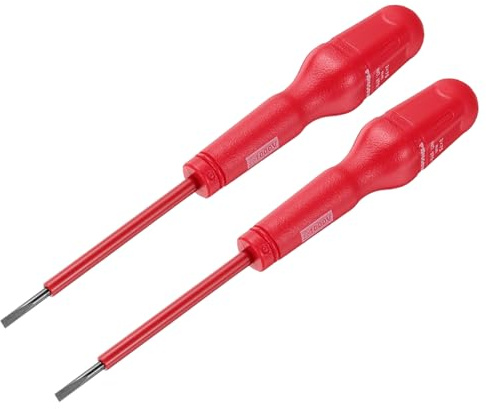 sourcing map Lot de 2 tournevis d'électricien isolés 1000 V - 3 x 75 mm CR-V - Tournevis à tête plate magnétique - Rouge
