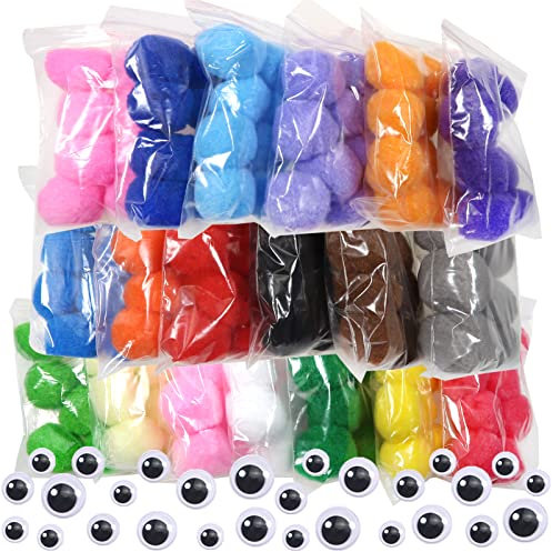 TOAOB 100 Stück Pompons Groß 4 cm Bunte Pompom Flauschigen Plüsch Set Bälle Kunst Bommel mit 100 Stück Selbstklebende Wackelaugen für Lustige DIY Kreative Handwerk