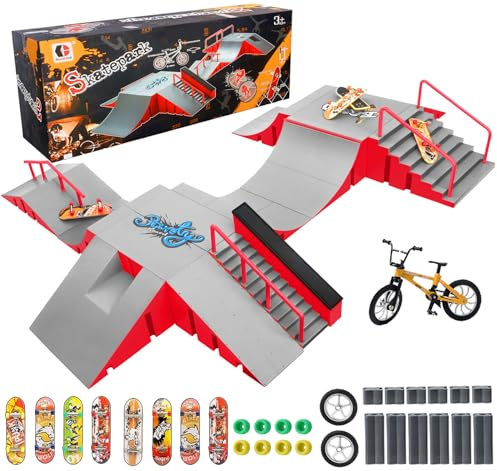 RNGODO Finger Skateboard Park Kits, 14-in-1 Bigger Finger Skateboard Ramp Set with 14 Ramps, 8 Fingerboards, 1 Finger Bike, Skate Park Kit, Fingerboard Skatepark Half Pipe Toys Gifts for Ages 3+