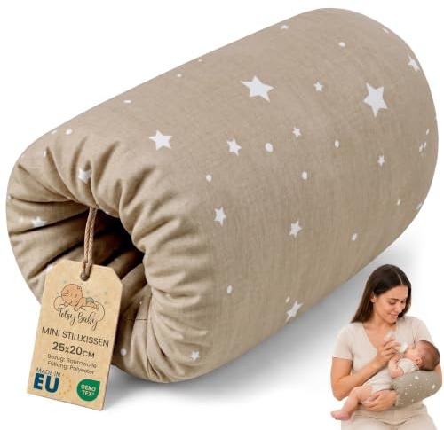 Amningskudde liten Breastfeeding och Nursing Pillow för resor 20 cm - Amningsmuff armkudde och positioning kudde baby arm amningskudde av mjuk bomull Oeko-Tex Beige med vita stjärnor