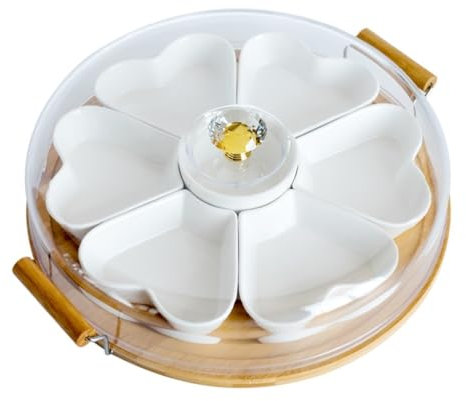 GNBOW Serving Tray With Lid, 360° Rotating Porcelain Appetizer Divided Serving Dishes，Snack Bowls For Chip, Dip, Veggies
