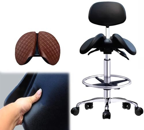 Sattelstuhl, Rollstuhl für Zahnarztpraxen mit Polsterauflage, ergonomischer Sattelhocker mit Verstellbarer Höhe, geteilter Sitzfläche, drehbarer Massagestuhl, schwarz (Größe: 54–74 cm (21,3–