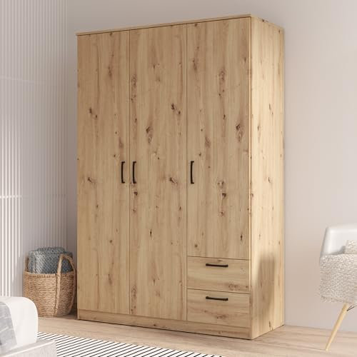 FORTE NIKO Kleiderschrank 122, Schrank im Scandi-Stil mit 3 Türen und 2 Schubladen, Holzwerkstoff, Artisan Eiche Dekor, 122 cm breit, 185 cm hoch, 52,7 cm tief