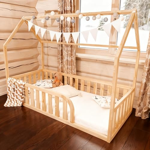 Mandrele Bodenbett 120x200 für Kinder, Montessori Hausbett aus FSC-Kiefernholz Natur, Kinderbett mit Lattenrost und 41 cm Rausfallschutz, Einstieg Rechts