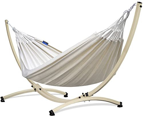Potenza Outdoor Hängematte mit Verzinkter Gestell für 2 Personen I Medelin - 100% Baumwolle Doppelhängematte 230x160, 200kg I Hängemattengestell 220kg, wetterfest (Gestell Ecru, Creme)