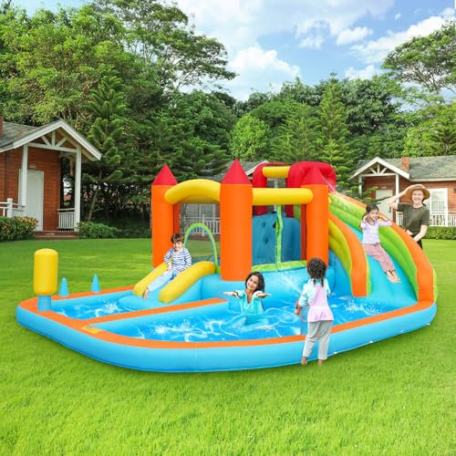 Castello Gonfiabile Multifunzionale da Esterno con soffiatore, Scivolo Acquatico + Trampolino + Canestro da basket+ Pistola Acqua, 2 aree Piscine, Scivolo Grande e Piccolo, Parco Acquatico per Bambini