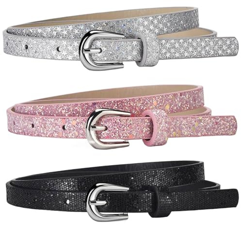 Pluvyze 3 Pcs Ceintures pour Enfants, Ceintures pour Filles, Ceintures pour Enfants, Réglables et Idéales à Combiner avec des Jeans, des Jupes et des Vêtements en Cadeau (Noir+Rose+Argent)