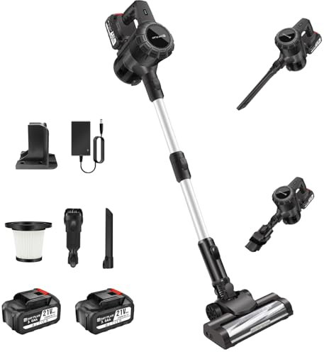 Cordless Vacuum Cleaner with LED, 2x3000mAh Rechargeable Battery, 6-in-1 Compact Powerful Stick Vacuums & Electric Brooms, Multifunction Lightweight Handheld Upright Vacuum Cleaner for Floors, Hair