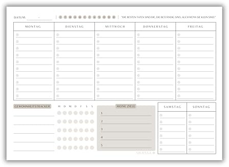 Minimalistischer Wochenplaner Block | mit Gewohnheitstracker und Wochenzielen | 50 Blatt | 120g/m² Premium-Papier | DIN A5 | in Deutschland hergestellt | JEDER PLANER SPENDET 0,50€