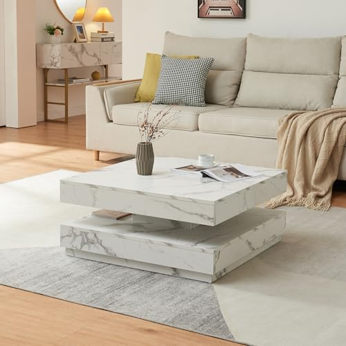 [en.casa] Mesa de Centro Florenz Mesa Baja Cuadrada con Tablero Giratorio y Estante Mueble Auxiliar Mesita para Salón 76 x 76 x 38 cm - Efecto mármol Blanco