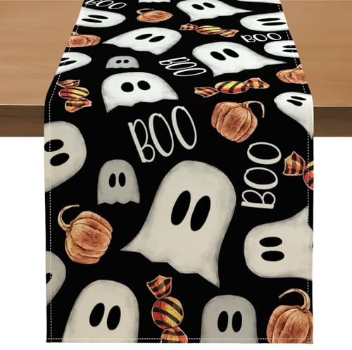 Evadollina Halloween Tischläufer, Halloween Table Runner, Gespenst Deko Leinen Abwaschbare Tischläufer, para Cocina, Bar, Mesa de Comedor, 183*33 cm Caminero de Mesa de Calabaza (Tipo B)